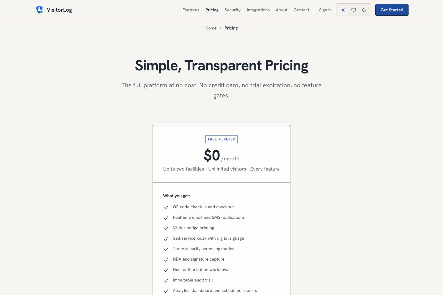 VisitorLog.io pricing page screenshot