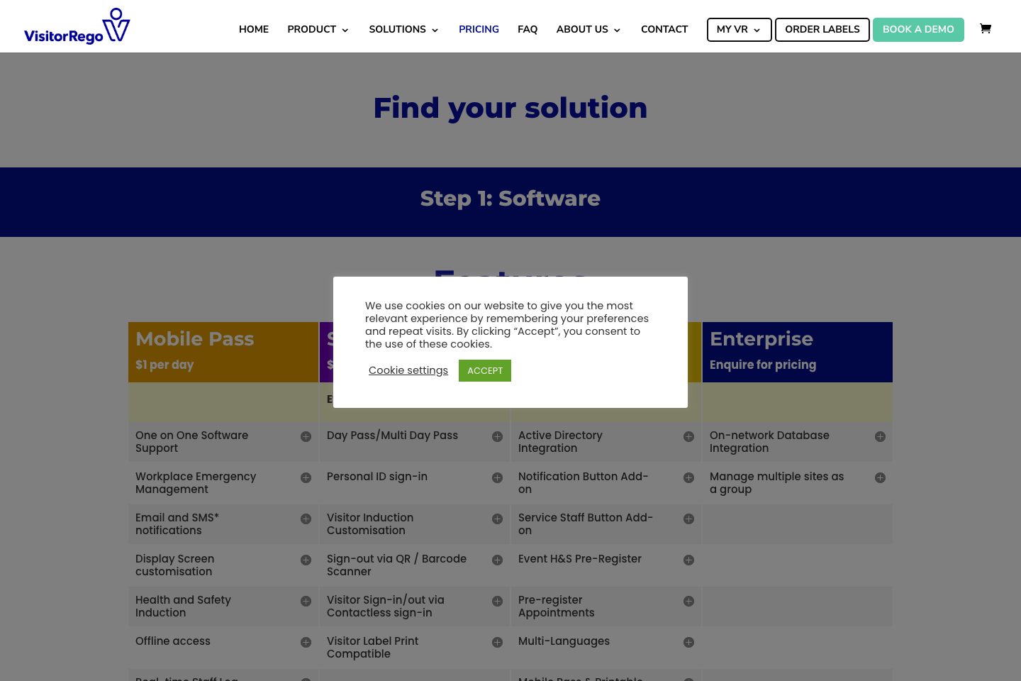 VisitorRego pricing page screenshot
