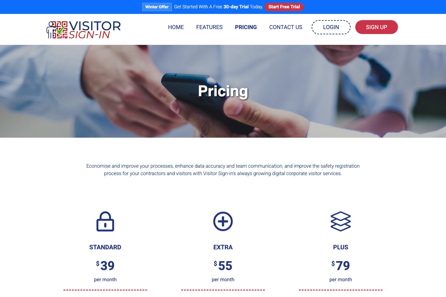 Visitor Sign In pricing page screenshot