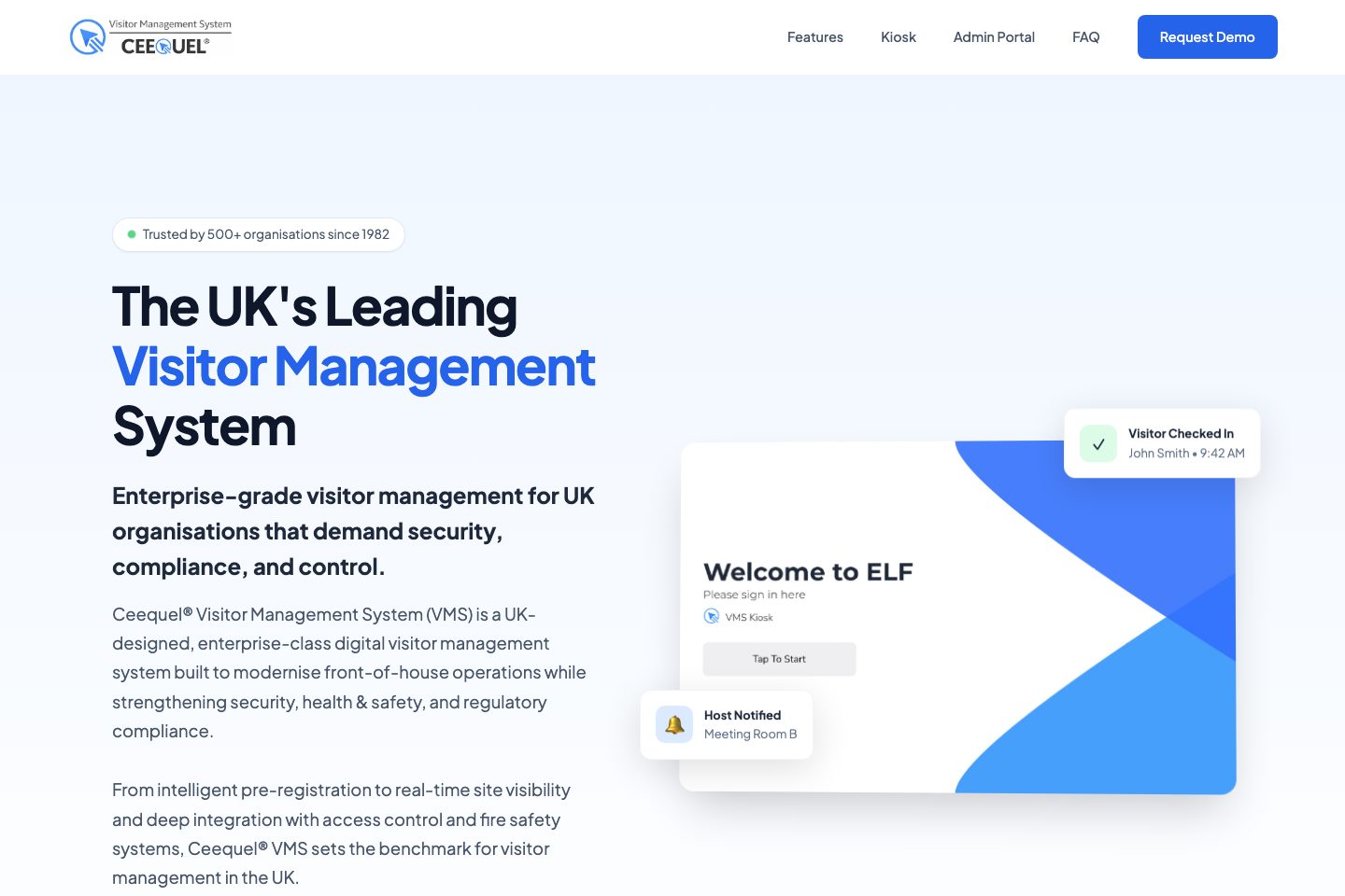 Ceequel Visitor Management System homepage screenshot