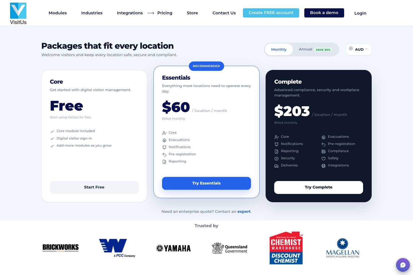 VisitUs pricing page screenshot