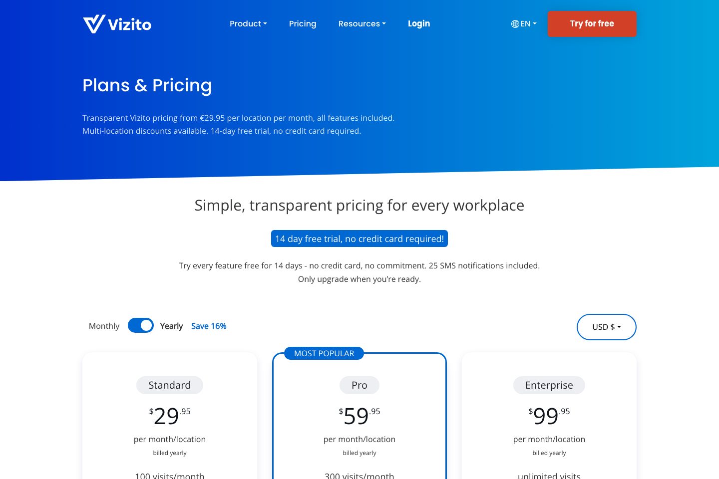 Vizito pricing page screenshot