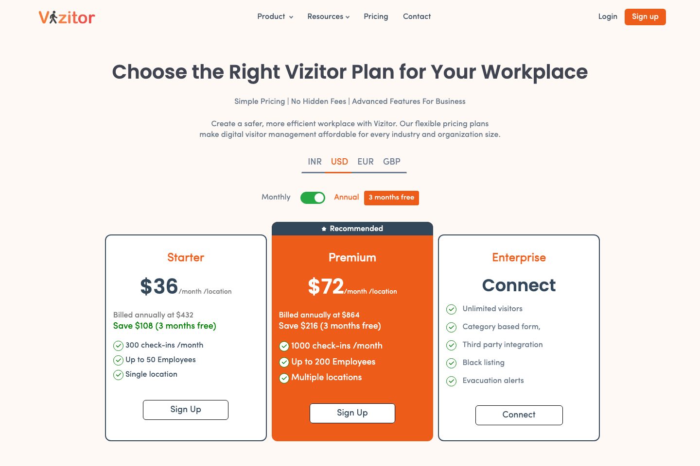 Vizitor pricing page screenshot
