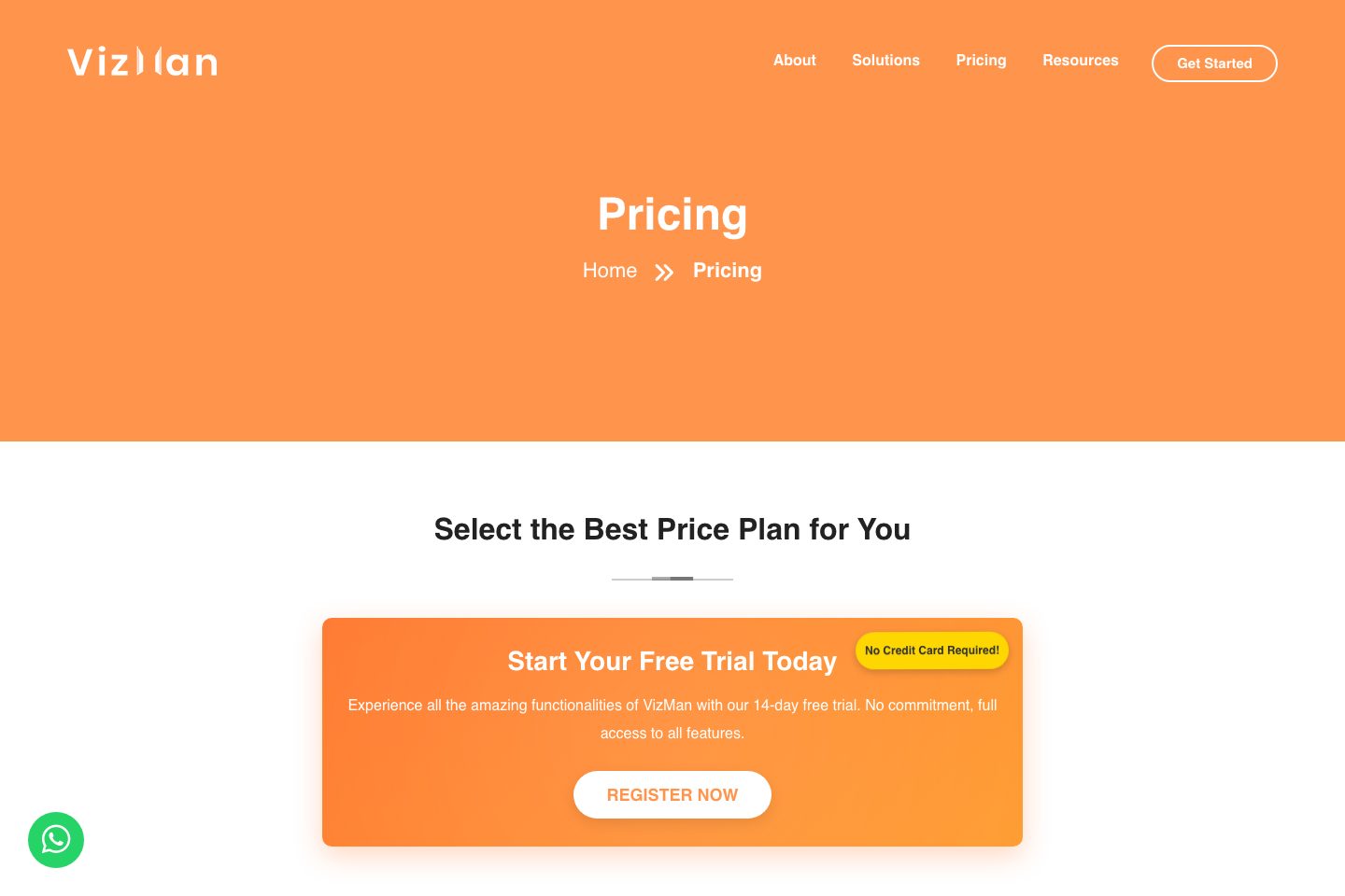 VizMan pricing page screenshot