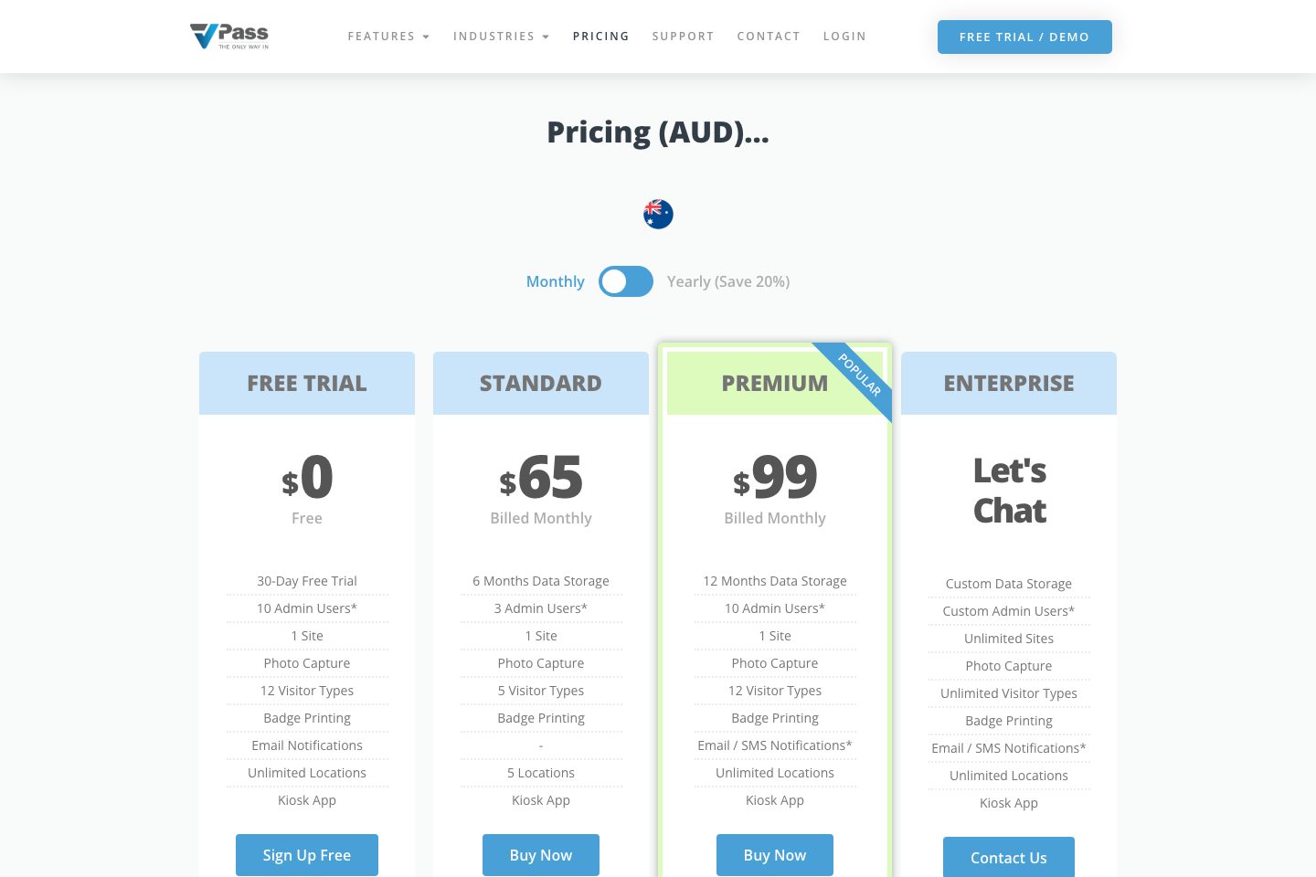 VPass pricing page screenshot