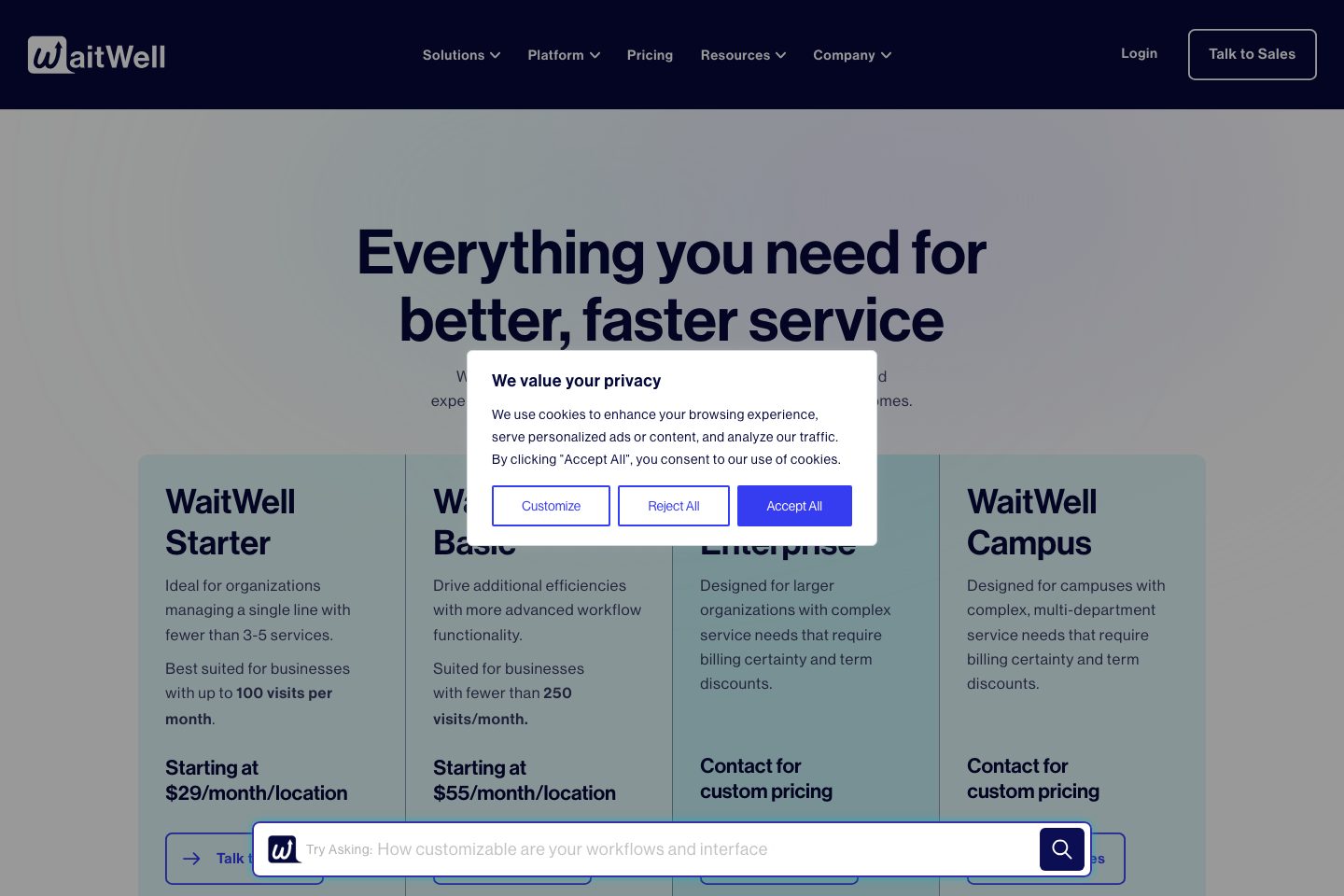 WaitWell pricing page screenshot